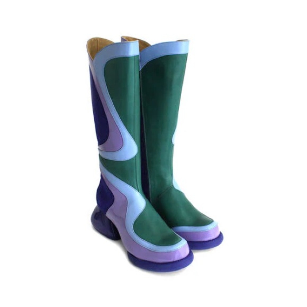 New John Fluevog Green and Purple Heeled Boots with Bold Design